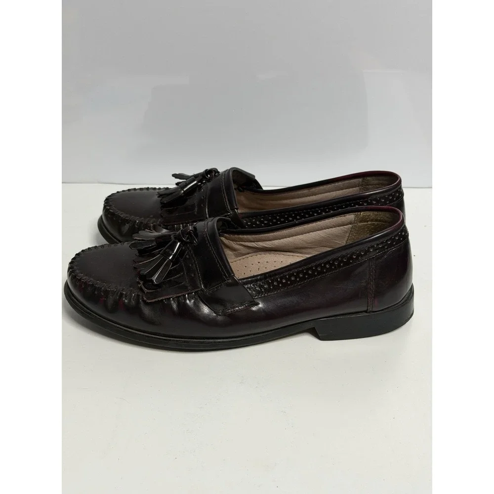 BASS Men's Loafers US Size 9W Black 100% Leather Tassel Slip-On Burgundy C-4